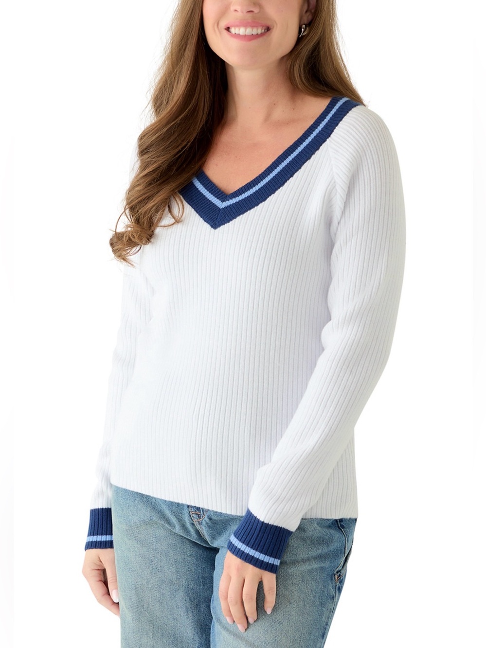 SINGLE THREAD Petite Women’s Tipped White V-Neck Varsity Sweater with Blue Trim.